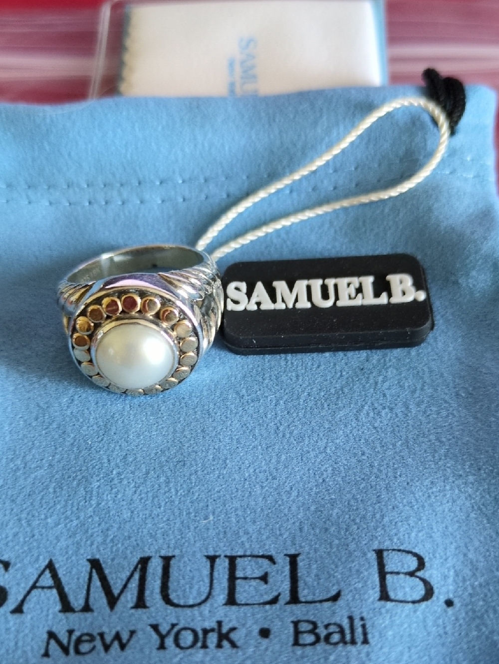 NWT Samuel B. Silver Ring with White Pearl and Gold Accent Halo